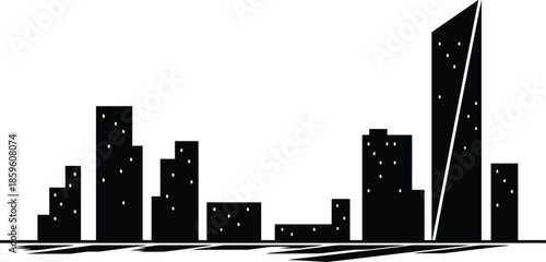 PrintBlack and white city skyline silhouette at night, urban skyscrapers with illuminated windows, modern architecture, abstract reflections, metropolitan landscape