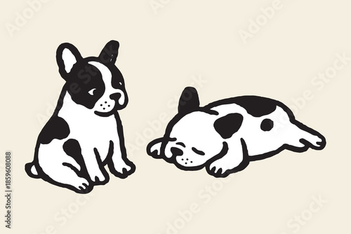 French bulldog pair sitting sleeping bold doodle vector illustration