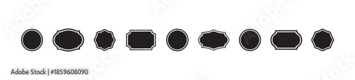 Selection of bold black label frames badges and geometric shapes including circles shields and scalloped edges