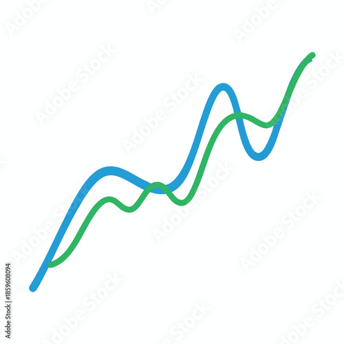 Two dynamic, curving lines overlap on a white background, in blue and green
