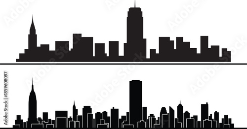 PrintBlack and White City Skyline Silhouette Vector Illustration featuring Modern Skyscrapers, Urban Architecture, and Metropolitan Landmarks for Commercial Graphic Design Projects.