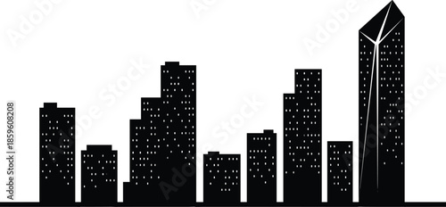 PrintBlack City Skyline Silhouette with Skyscrapers and Modern Office Buildings Architecture Icon Illustration Isolated on White Background for Urban Design Projects