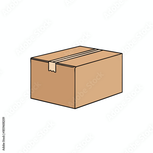 A brown cardboard box, taped shut, with black outlines, isolated on a white background