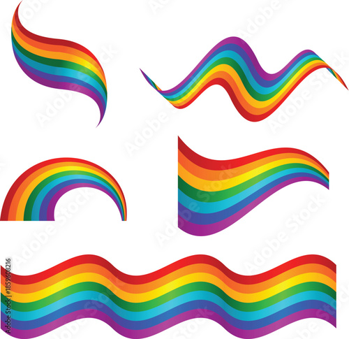 Colorful gradient rainbow stripes in different wavy flag shapes vector