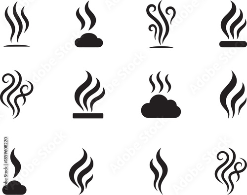 Smoke icon set vector featuring steam, vapor and mist symbols for warning, weather, industry and UI design.