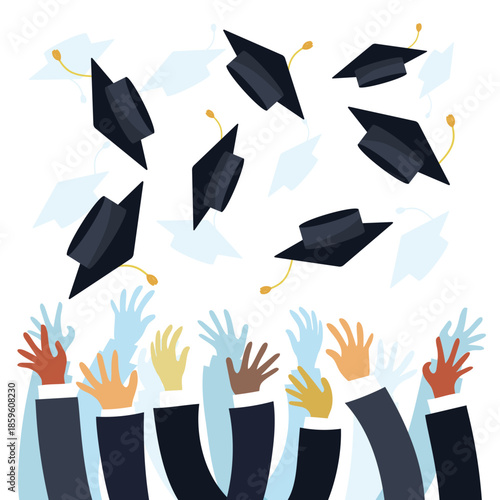 Commencement ceremony silhouette with students throwing mortarboard vector