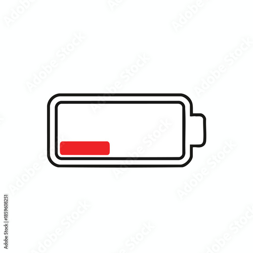 A rectangular battery icon outline with red fill representing a low charge