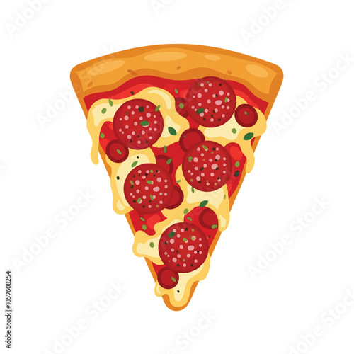 Vector graphic of a single slice of pepperoni pizza on a white background