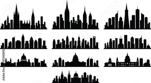 PrintChicago skyline vector illustration, black and white city silhouette, famous metropolitan landmarks, urban skyscrapers, architectural building outlines, and scenic waterfront waves.