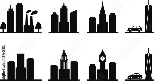 PrintChicago skyline vector illustration, black and white city silhouette, famous metropolitan landmarks, urban skyscrapers, architectural building outlines, and scenic waterfront waves.