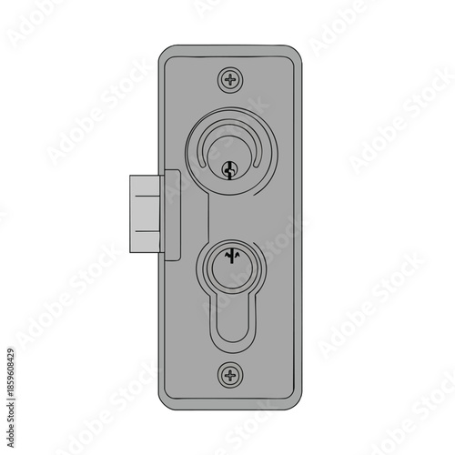 A rectangular, gray door lock with two keyholes and a protruding latch