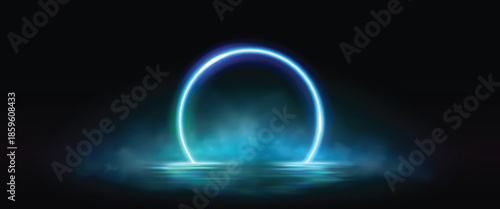 Neon light ring in blue smoke cloud for banners vector