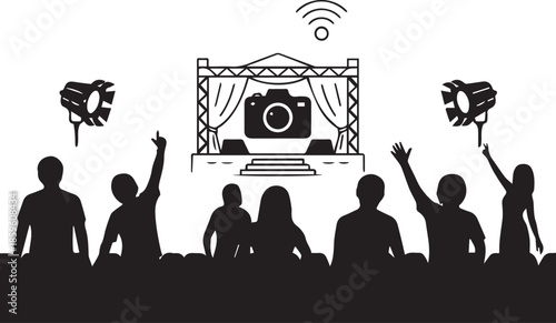 PrLive streaming event with camera and audience silhouettesint
