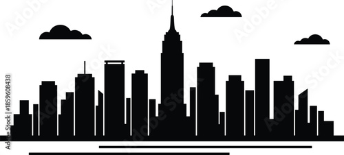 PrintChicago skyline vector illustration, black and white city silhouettes, famous metropolitan landmarks, urban skyscrapers, architectural building outlines, and scenic waterfront waves.