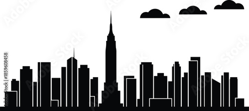 Chicago skyline vector illustration, black and white city silhouettes, famous metropolitan landmarks, urban skyscrapers, architectural building outlines, and scenic waterfront waves.