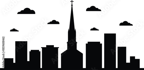 PrintChicago skyline vector illustration, black and white city silhouettes, famous metropolitan landmarks, urban skyscrapers, architectural building outlines, and scenic waterfront waves.