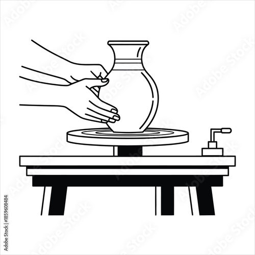 Minimal line art illustration of potter shaping a vase on a spinning wheel, emphasizing craftsmanship and pottery creation