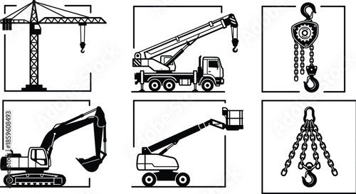 PrintConstruction and lifting equipment silhouettes, tower crane, truck crane, chain hoist, excavator, boom lift, hook sling, industrial machinery illustration