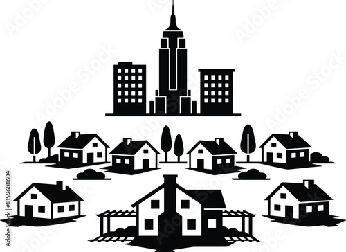 PrintMinimalist black and white vector illustration of a city skyline with skyscrapers surrounded by suburban houses, residential neighborhood, and trees.