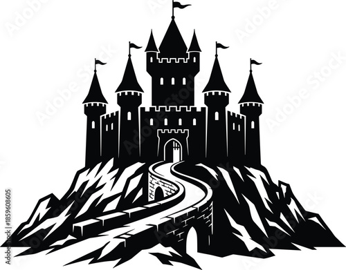 PrintMedieval Fantasy Castle Silhouette on Mountain Cliff, Stone Fortress with Bridge and Towers, Vector Illustration for Epic Kingdom and Mythical Tales.Medieval Fantasy