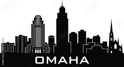 PrintOmaha city skyline silhouette, black and white urban landscape, architectural buildings, church steeple, metropolitan view, Nebraska cityscape, bold typography design