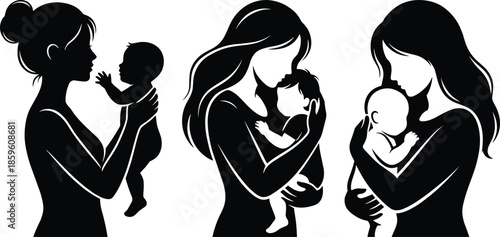 PrintMotherhood silhouette illustration, black and white women holding babies, maternal love, parenting care, family bond, nurturing embrace, emotional connection design