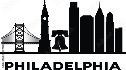 PrintPhiladelphia city skyline vector silhouette featuring the Liberty Bell, Benjamin Franklin Bridge, City Hall, and iconic urban skyscrapers architectural landmarks