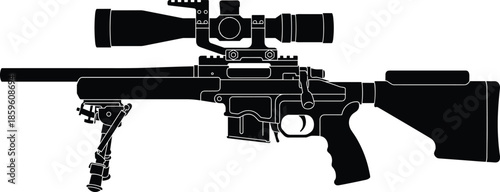 PrintProfessional sniper rifle silhouette with optical scope and bipod for tactical military shooting and hunting gear isolated on white background,