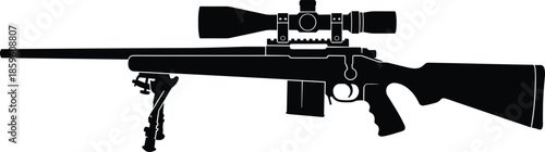 PrintSniper rifle silhouette with optical scope and bipod stand for hunting and tactical military operations isolated on white background vector,
