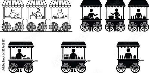 PrintStreet food cart icons set with vendors and market stalls for outdoor festival and catering service isolated on white background,