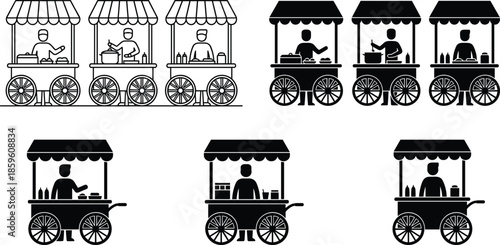PrintStreet food cart icons set with vendors and market stalls for outdoor festival and catering service isolated on white background,