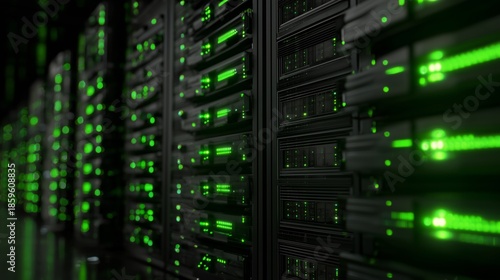 Plakat Rows of server racks with blinking green lights indicating data processing