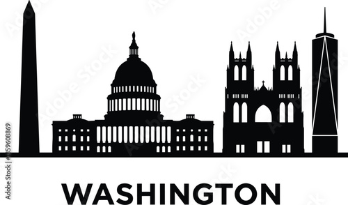 Washington DC skyline silhouette, famous landmarks, Capitol building, Washington Monument, National Cathedral, cityscape art, black illustration, travel, architecture, USA