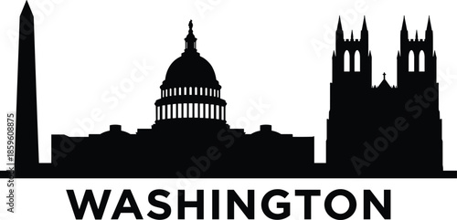 Washington DC Skyline Silhouette Featuring Washington Monument, United States Capitol Building, and National Cathedral Icon Illustration on White Background for Travel