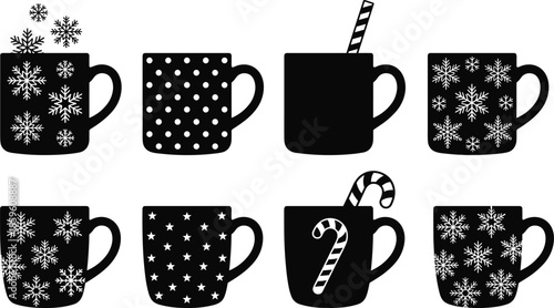 PrintWinter Christmas coffee mug silhouettes collection with snowflakes polka dots stars and candy canes for holiday drink celebration isolated vector,