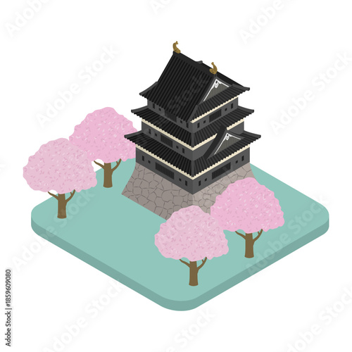アイソメトリックイラスト：日本の城と桜