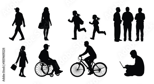 Silhouettes of diverse people engaged in various everyday activities and poses