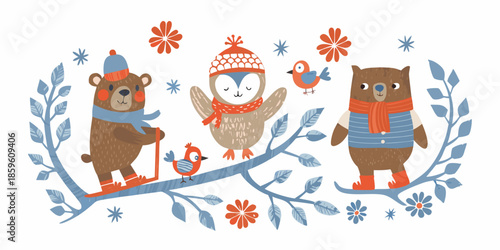 Charming winter scene featuring cute animals bears owl birds and snowflakes