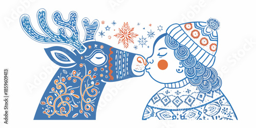 A charming illustration of a girl gently touching the nose of a reindeer