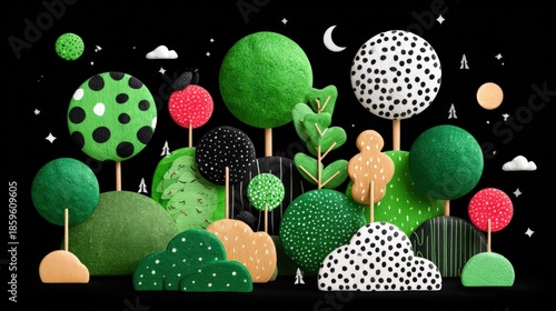 Colorful abstract landscape with textured trees and hills against a black background