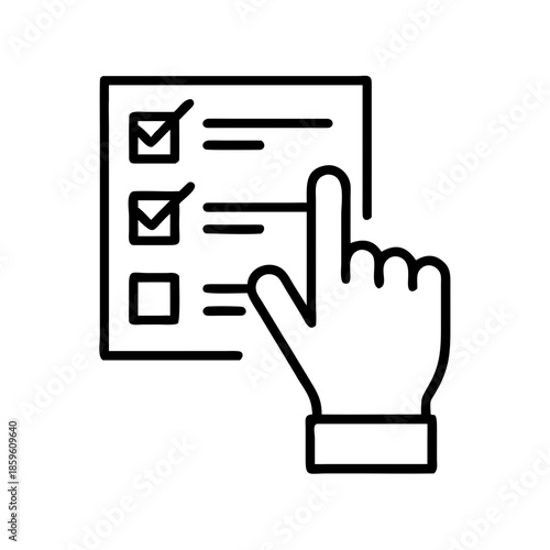 Hand pointing at checklist with checked boxes on white background  