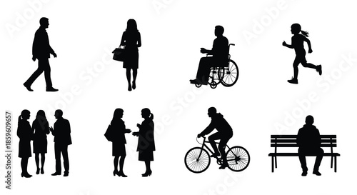 Silhouettes of diverse people engaged in various everyday activities and poses
