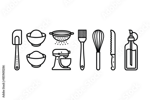 Kitchen Utensils and Tools for Baking and Cooking Line Icons spatula bowl colander mixer brush whisk knife