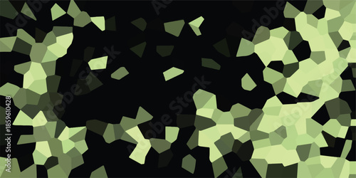 Abstract mosaic of irregular geometric crystal shards in light green and dark green scattered across a stark black background