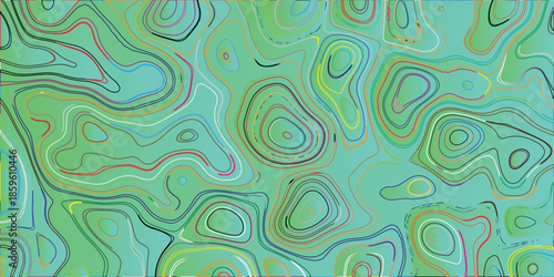 Abstract topographic contour lines in vibrant multicolor on a soft green gradient background, creating a dynamic and organic visual pattern for design and art applications