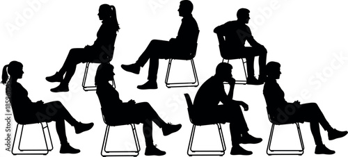 Black Silhouettes of People Sitting in Chairs Set Isolated on White Background for Audience Seminar Meeting and Crowd Concept Illustration