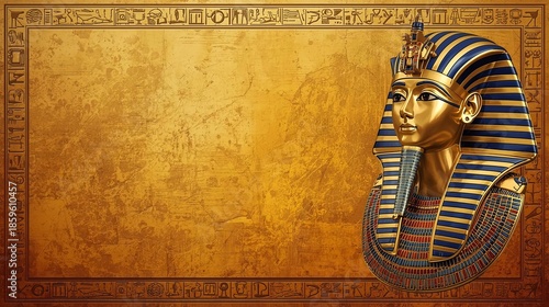 a golden yellow ancient egypt texture wallpaper background with a lot of empty blank copyspace. pharaoh in the right side
