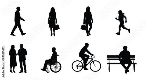Silhouettes of diverse people engaged in various everyday activities and poses