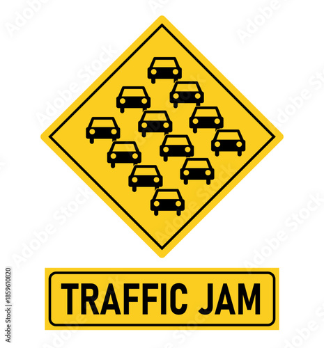 Traffic jam, queues likely on the road ahead. Yellow diamond shape road sign with symbol and text below