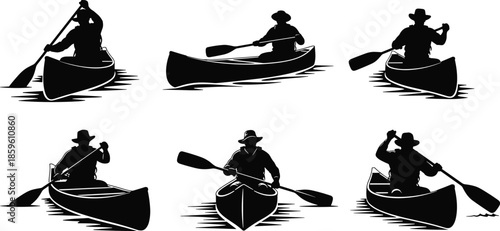 Canoeing silhouette illustrations, paddling poses, outdoor adventure, water sport, black and white design, dynamic motion, hat-wearing figures